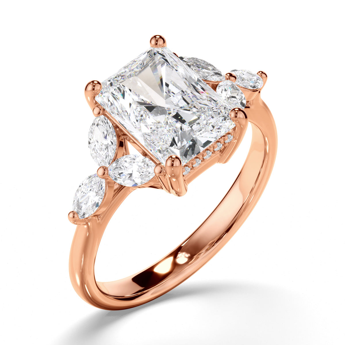 Radiant Cut Diamond Engagement Ring with Cluster Shoulders