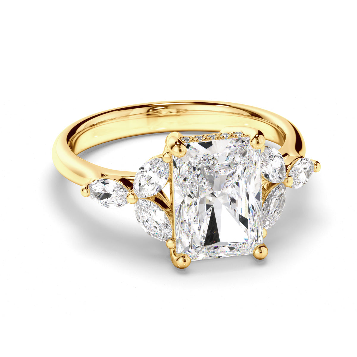 Radiant Cut Diamond Engagement Ring with Cluster Shoulders