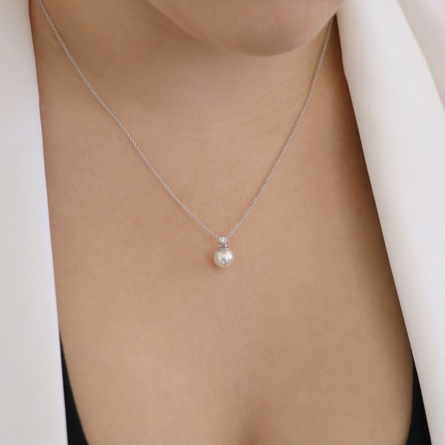 Diamond Pearl Necklace with 0.03ct Diamonds in 9ct White Gold - N-20565-003-W